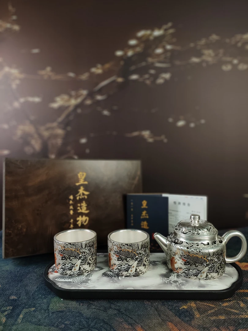 ZH2390-墨龙吐水鎏银一壶两杯+墨龙茶盘干泡盘