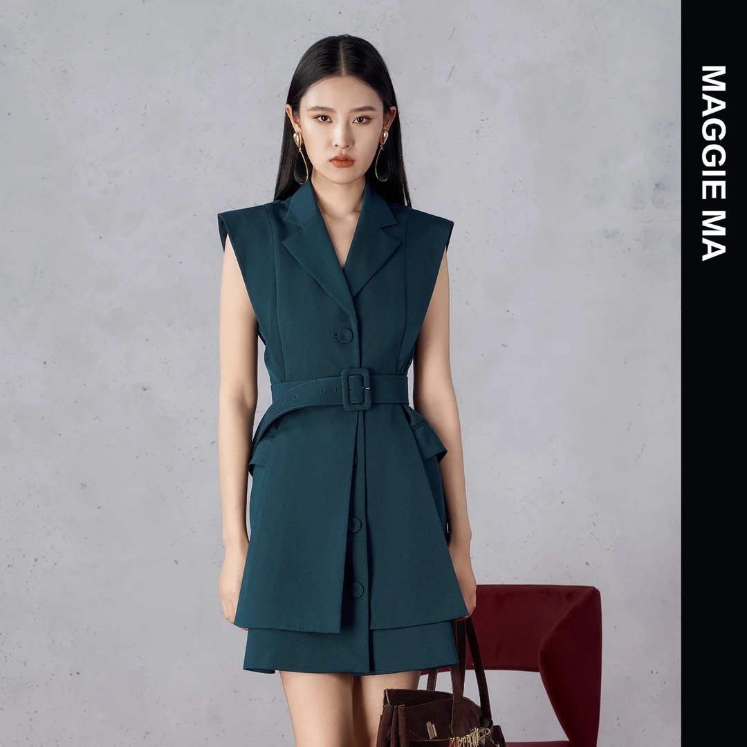 MAGGIE MA马婧设计师款松石绿静谧优雅显瘦腰带连衣裙344D