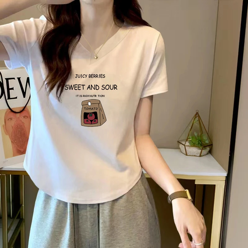 不规则圆弧下摆V领短袖T恤女士夏季韩版简约修身显瘦印花套头上衣