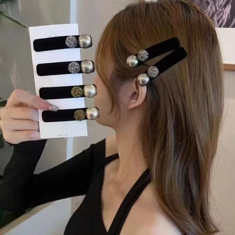 小香风新款丝绒珠珠一字发夹简约百搭鸭嘴侧边夹子发卡碎发夹