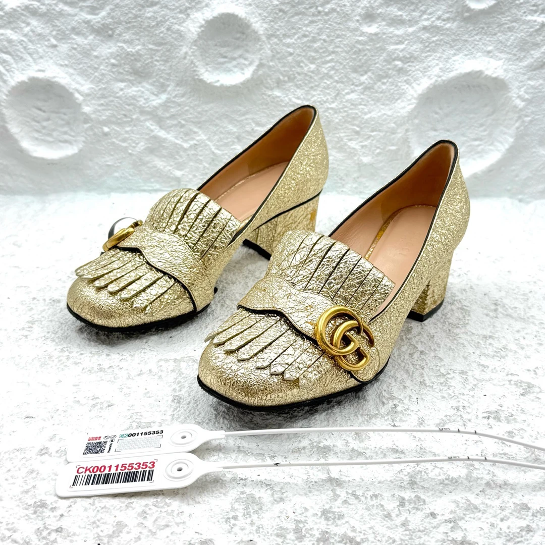 99新 GUCCI/古驰 古驰/Gucci/37码/金色粗跟休闲鞋/非全新