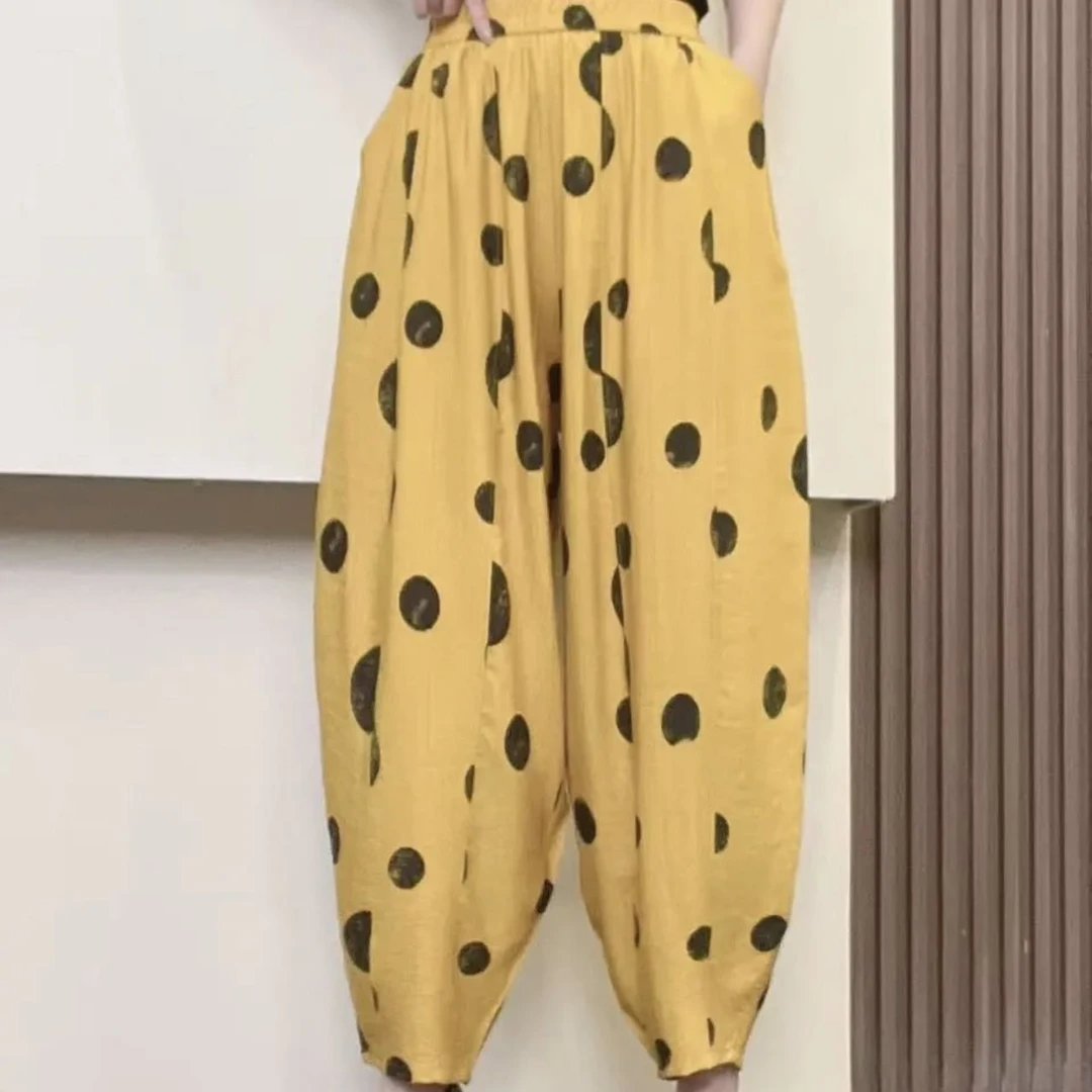 2025春夏新款复古波点印花松紧腰大码休闲宽松百搭舒适哈伦南瓜裤