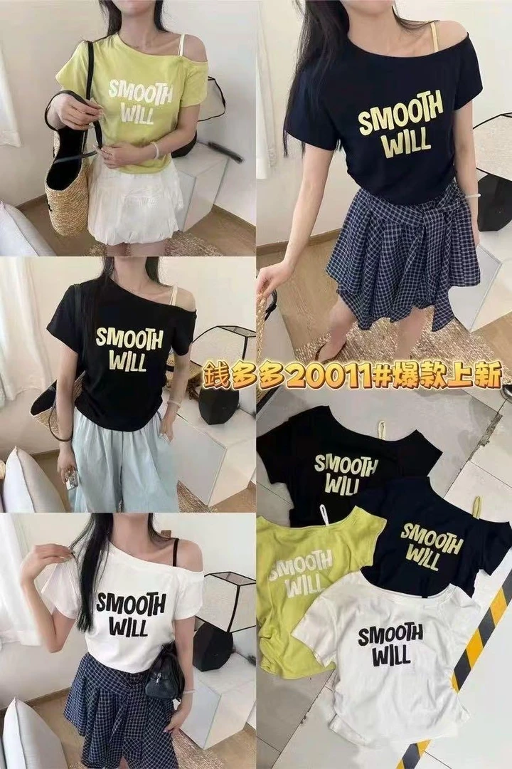 粉丝福利新款韩系多多家斜肩设计款短袖T恤20011