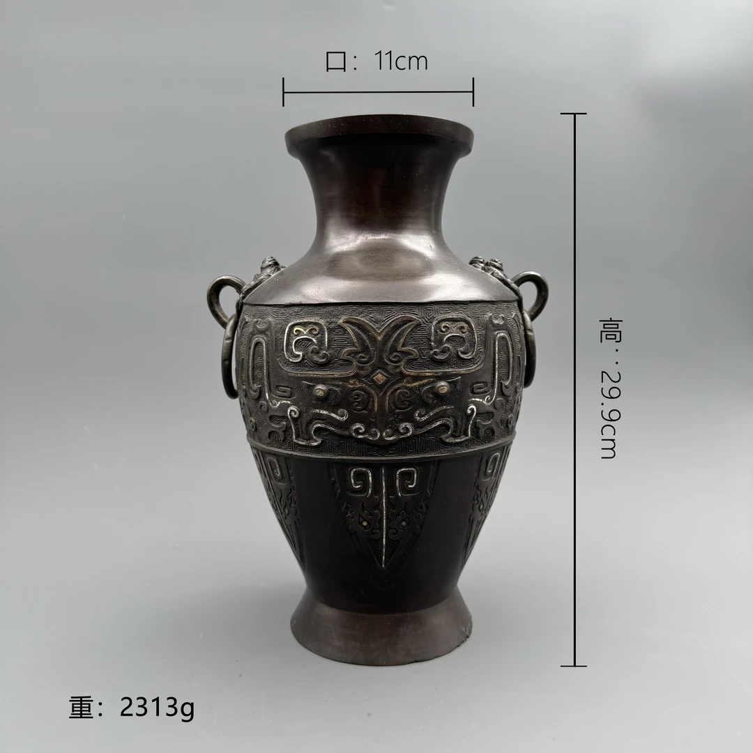 明代 铜错金银饕餮纹铺首衔环纹瓶18214【古玩拍卖】