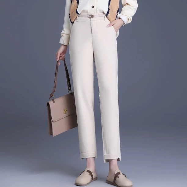 X88220-1【苏琳琳】气质百搭高腰显瘦米色直筒哈伦裤3D（赠腰带）