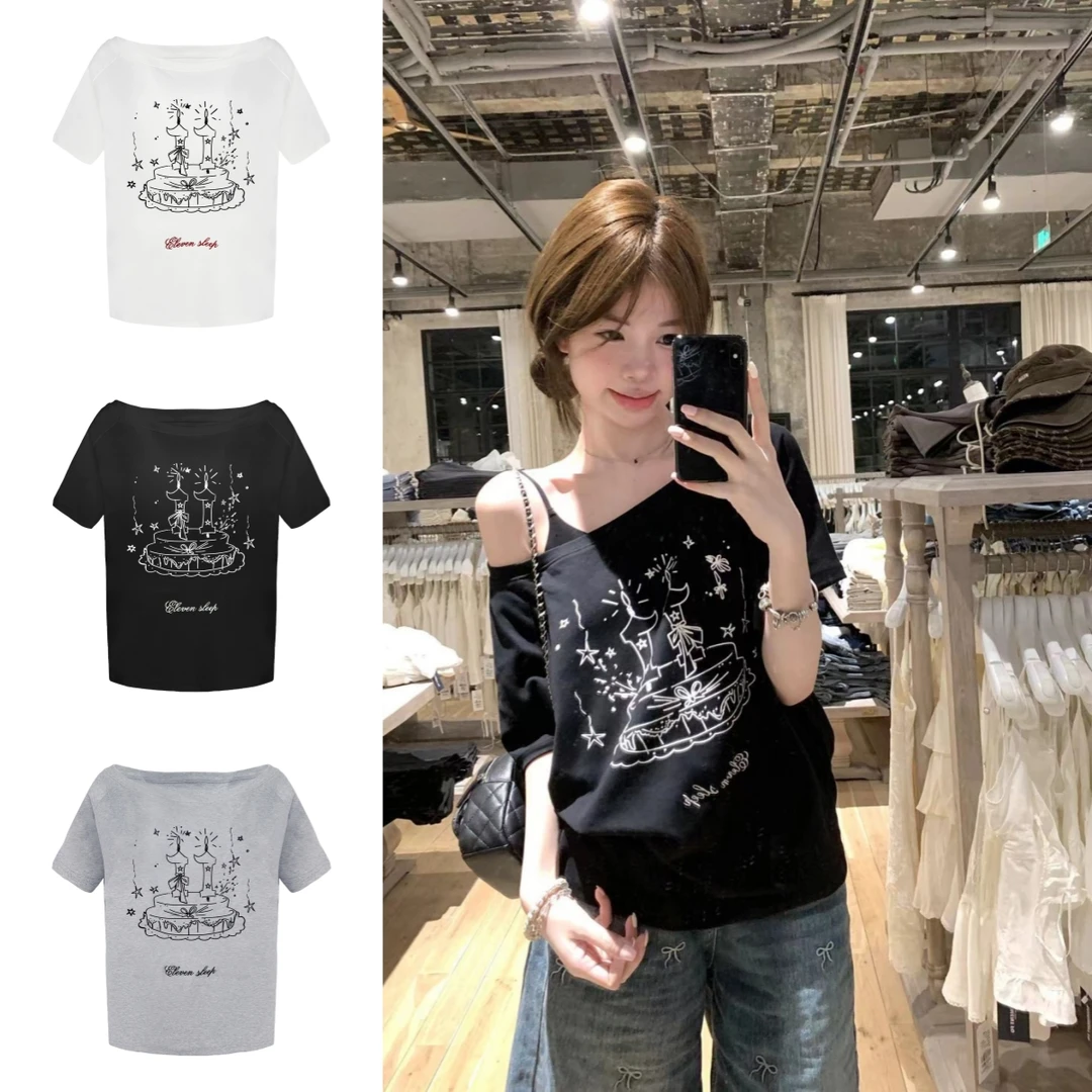 甜美风卡通印花斜肩短袖T恤女夏季一字肩设计感宽松显瘦露肩上衣