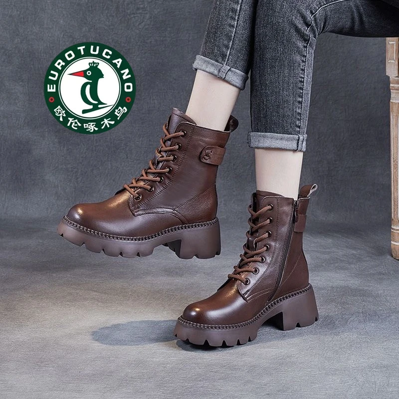 欧伦啄木鸟加绒厚底英伦风女鞋秋冬款经典百搭款式牛皮高跟短靴女