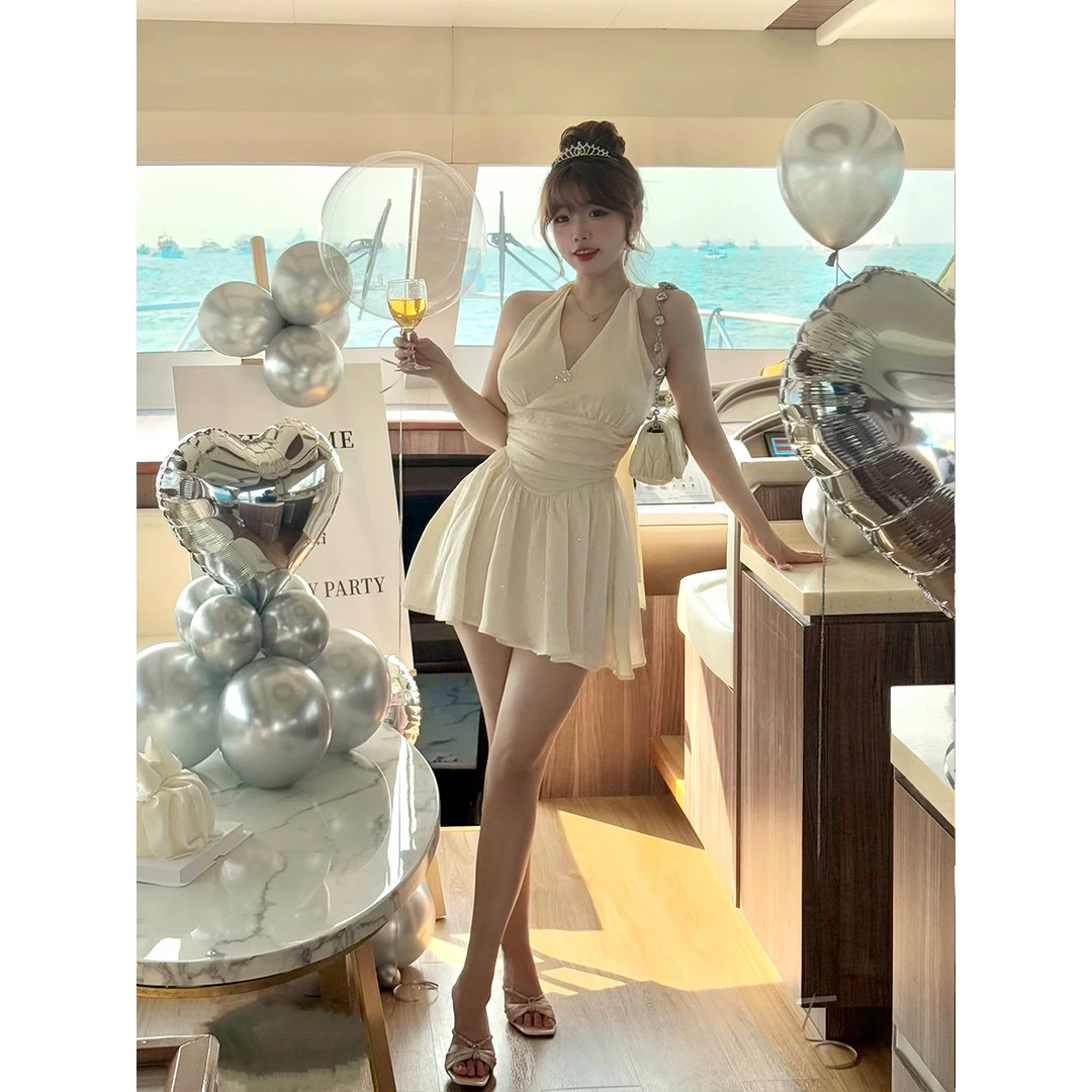 MengFairy清清【仙蒂公主】纯欲优雅挂脖蝴蝶结收腰A摆连衣裙5022M