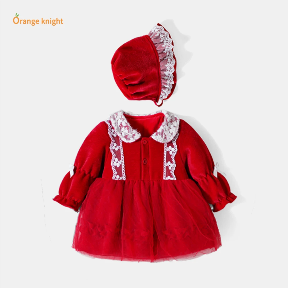 过年喜庆女宝宝公主连衣裙秋冬厚款满月百天周岁礼服蕾丝花边套装