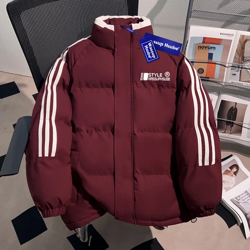WASSUP HSUBE重磅潮酷高街棉服外套三条杠立领面包服加绒保暖棉袄