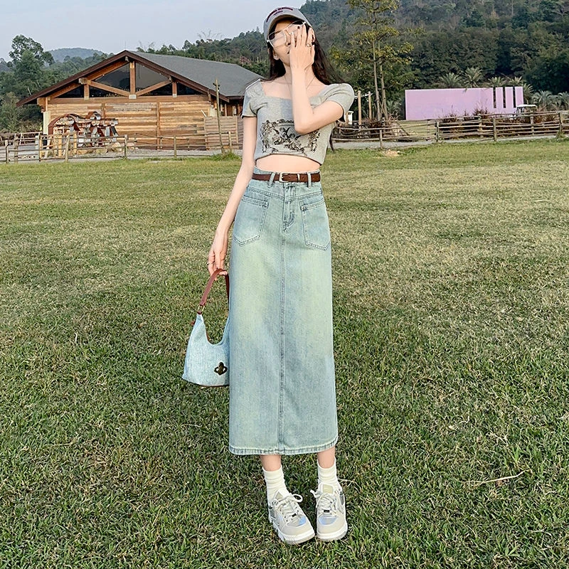 lkk高腰开叉牛仔半身裙女2025年新款夏季复古牛仔中长款遮胯百搭