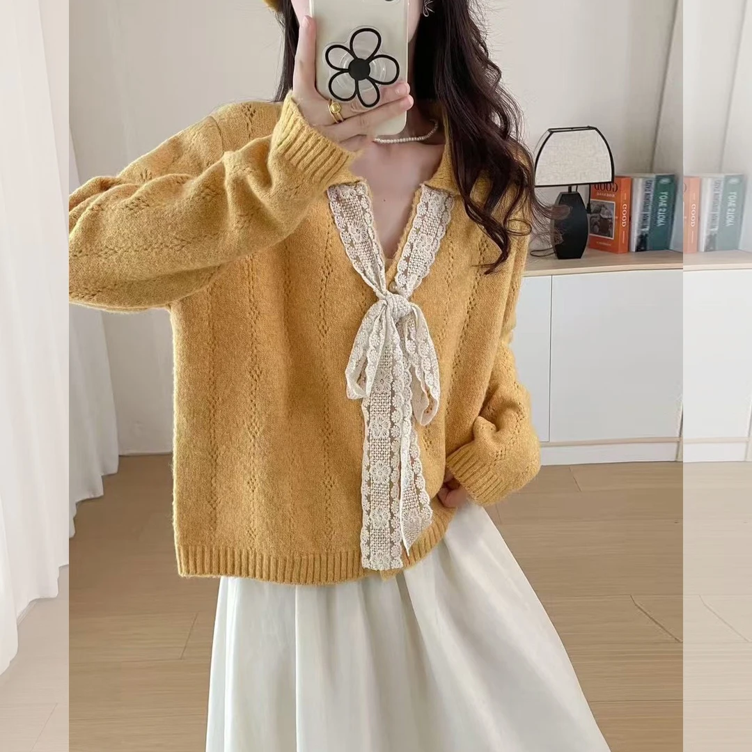 蝴蝶结系带黄色毛衣外套女装早秋穿搭气质Polo领长袖针织开衫上衣
