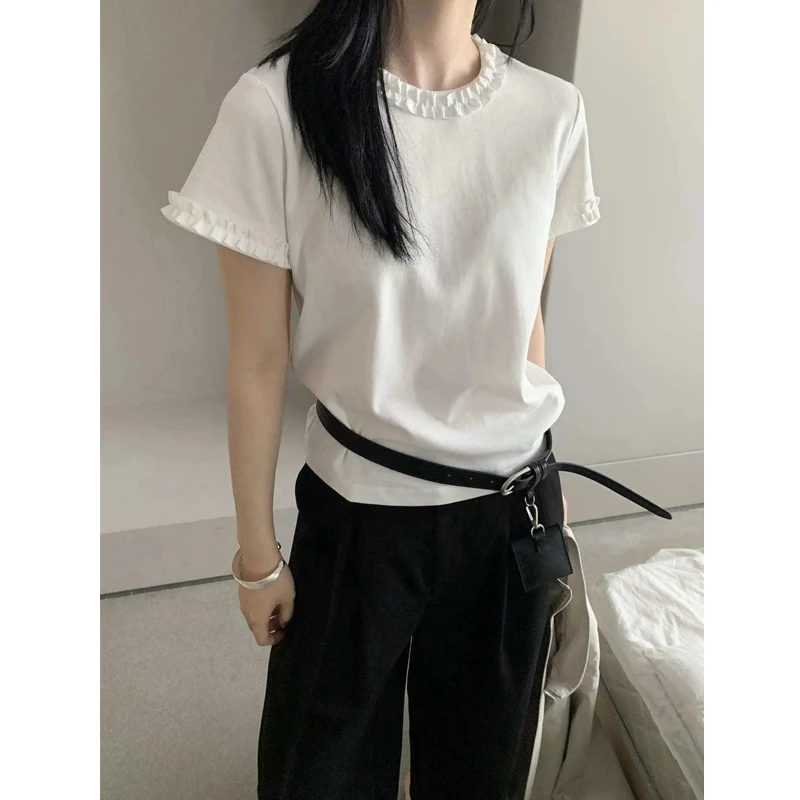 法式木耳边春夏花边短袖T恤女韩版休闲百搭显瘦小个子上衣