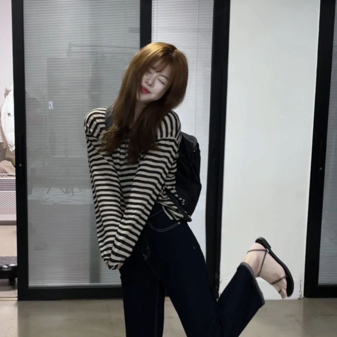 韩系ins圆领套头长袖条纹打底T  88088