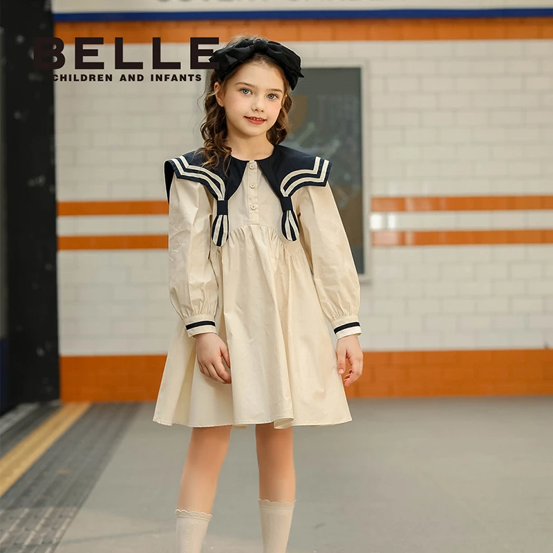 百丽连衣裙长袖学院风女韩版娃娃领英伦风春秋中大童海军领BB0221