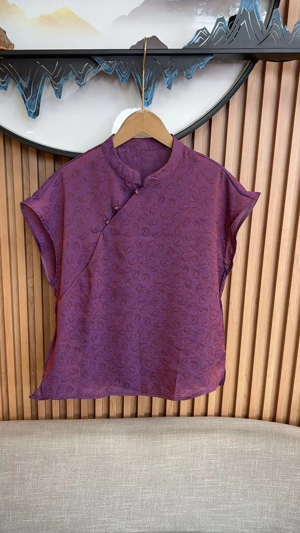 短袖上衣女装时尚长款薄款唐装女士立领斜襟圆领蝴蝶0219