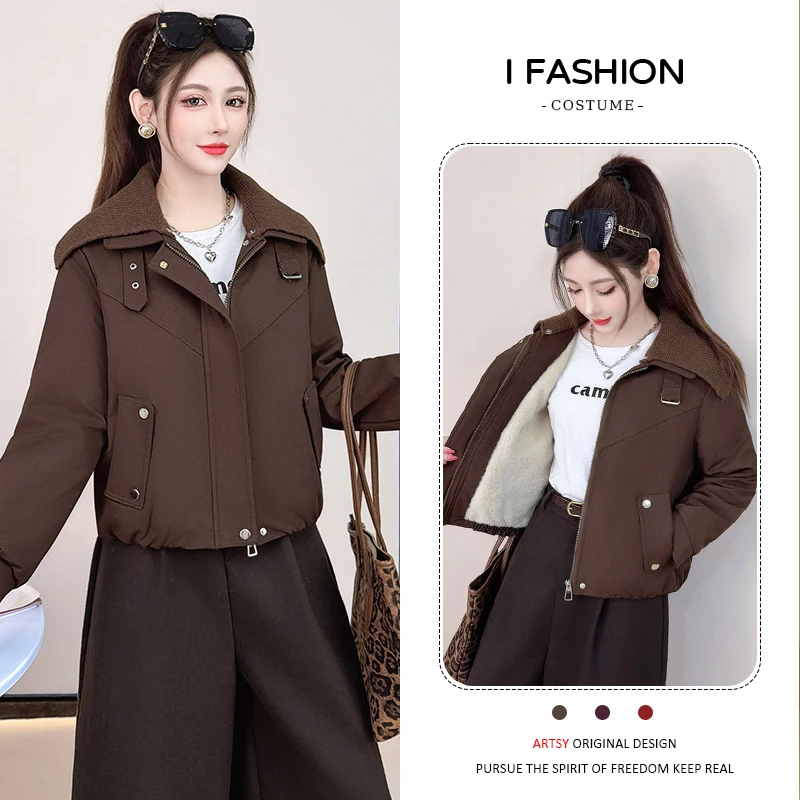 加绒复古时髦大翻领夹克短外套女2025年冬季新款休闲洋气保暖棉衣