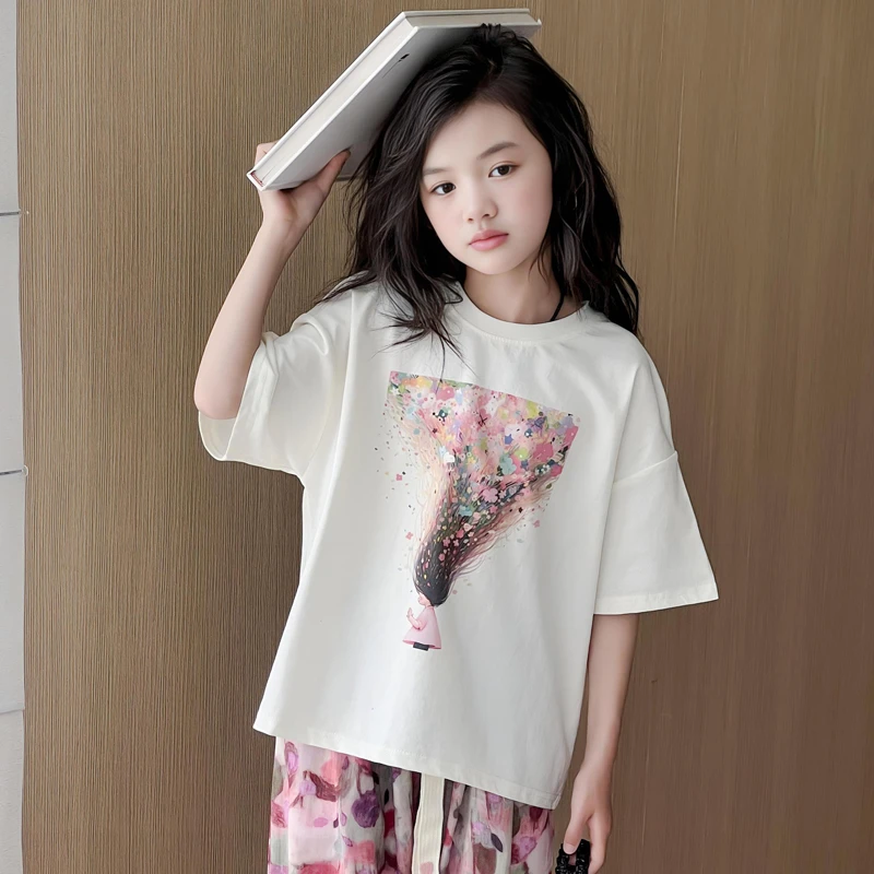 夏季花瓣印花冰感短袖上衣女中大童多巴胺创意女孩时尚百搭