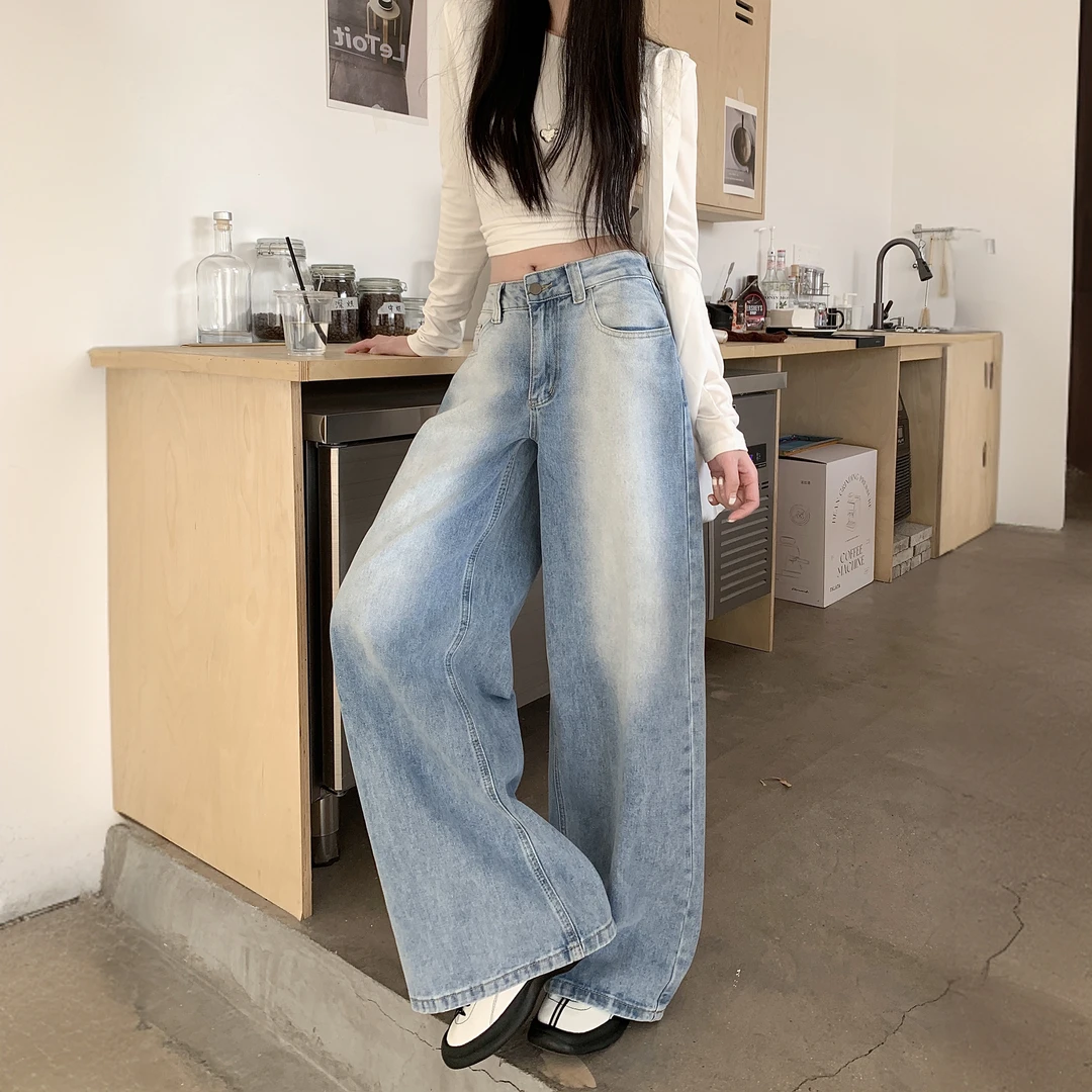 浅蓝色复古磨白马骝设计感阔腿拖地牛仔裤女2025春秋显瘦宽松长裤