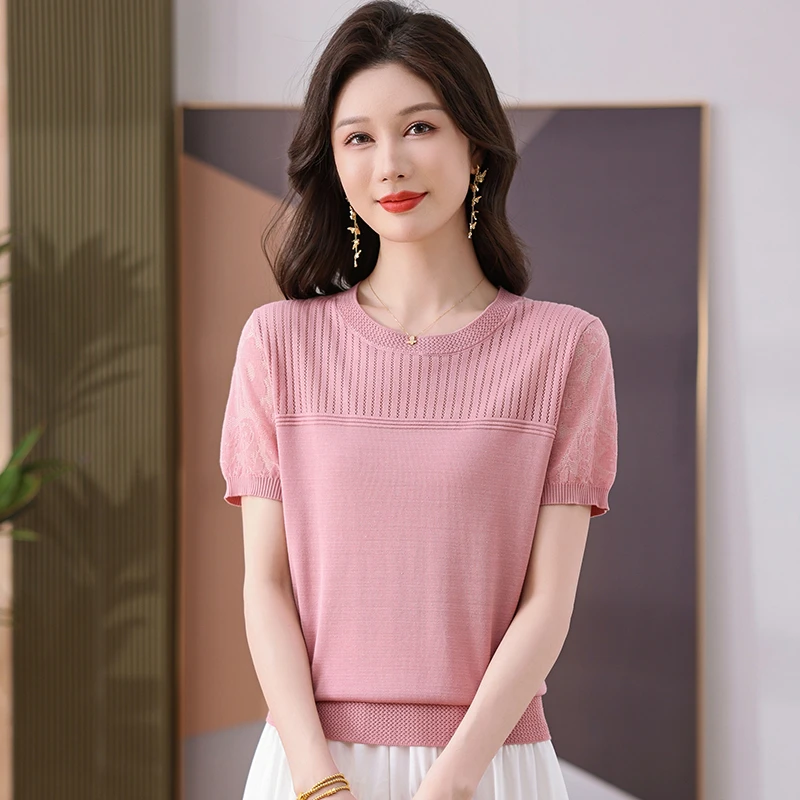 MUYANG/沐羊夏季短袖女气质上衣镂空提花减龄薄款百搭宽松