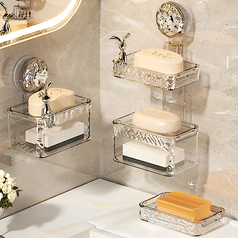 2025吸盘肥皂盒壁挂式免打孔家用高档卫生间墙上沥水置物架双层香