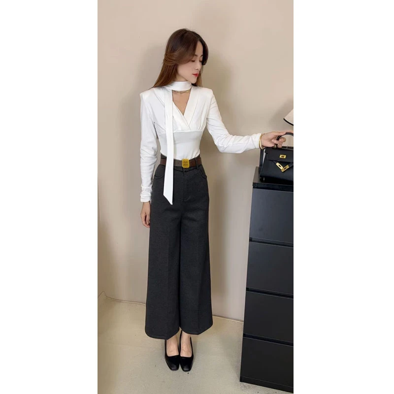 含飘带名媛风气质洋气交叉V领收腰上衣女显瘦腰带毛呢九分裤潮