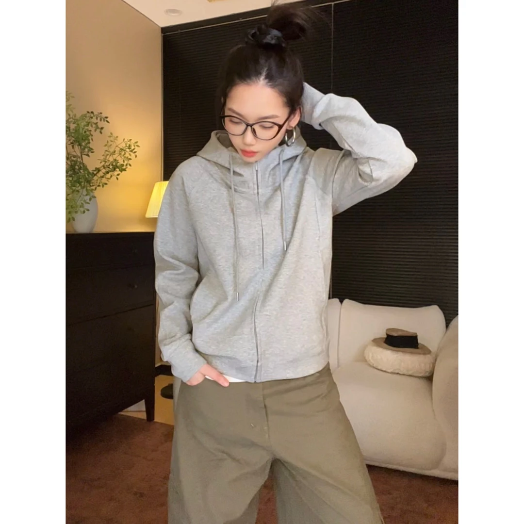 【胡洛一】新款韩版轮廓感显瘦卫衣外套拉链设计感开衫连帽秋季上衣