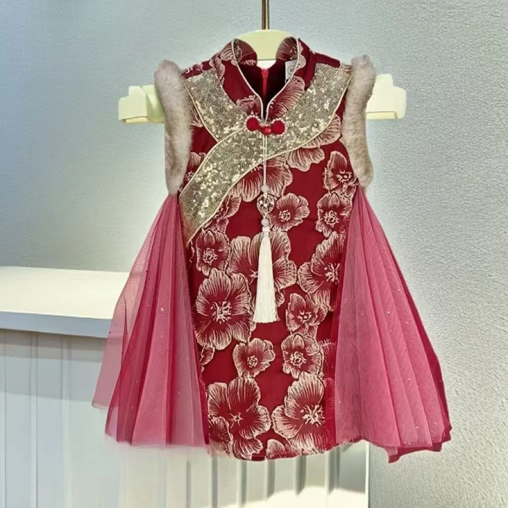 2025红色公主裙两件套女童秋冬加绒公主裙网红儿童公主裙