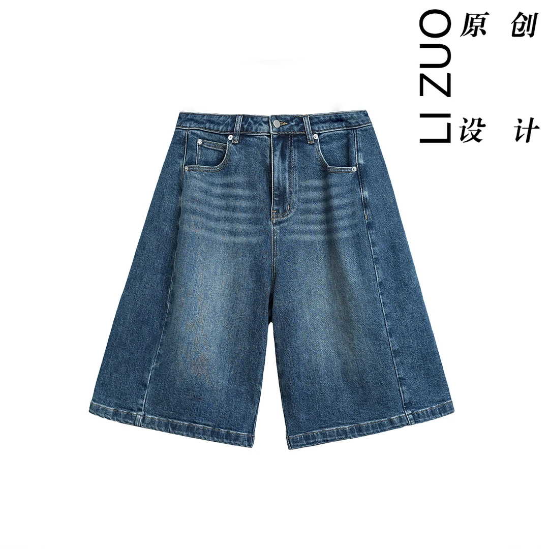 “有弹力”大码胖mm老钱风弹力牛仔蓝时尚百搭舒适牛仔中裤短裤9311