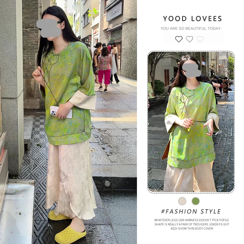 新中式时尚套装女夏季气质宽松七分袖衬衫上衣阔腿裤国风两件套