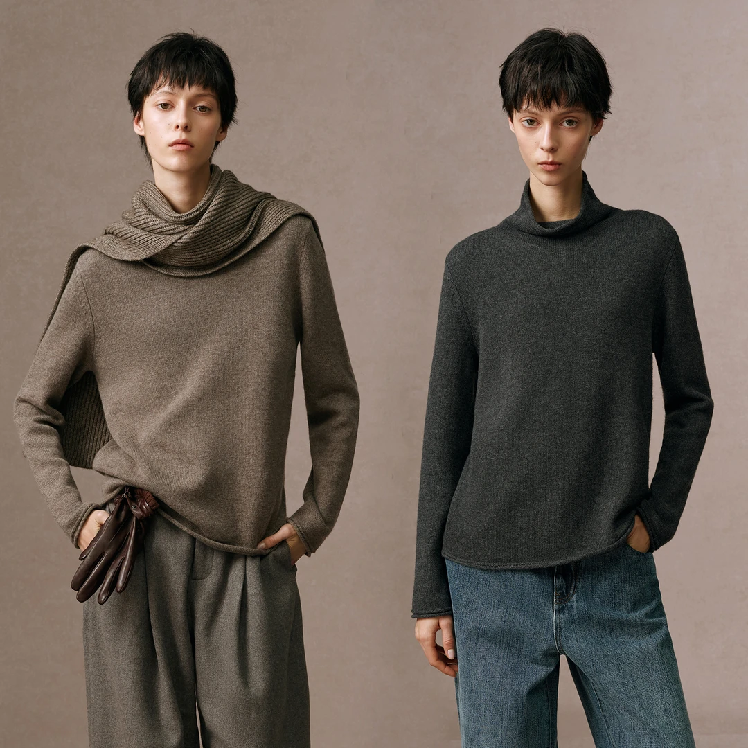 华吉言/HUAJIYAN【可可燕麦】绵羊毛山羊绒混纺立领长袖上衣毛衫