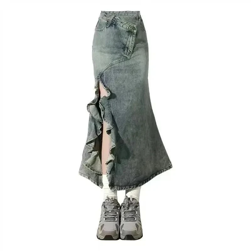 拉夏贝尔【商场同款】复古蓝高腰不规则鱼尾开叉牛仔半身裙小包臀厚