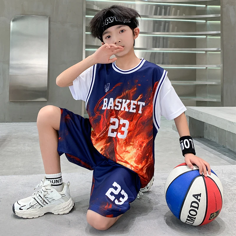男童套装夏季篮球服中大童儿童帅气男孩短袖速干球衣假两件薄款