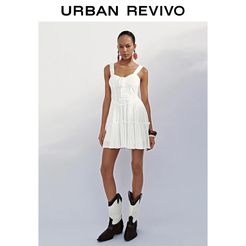 UR2025秋季新款女装休闲木耳边系带吊带连衣裙UYL750095