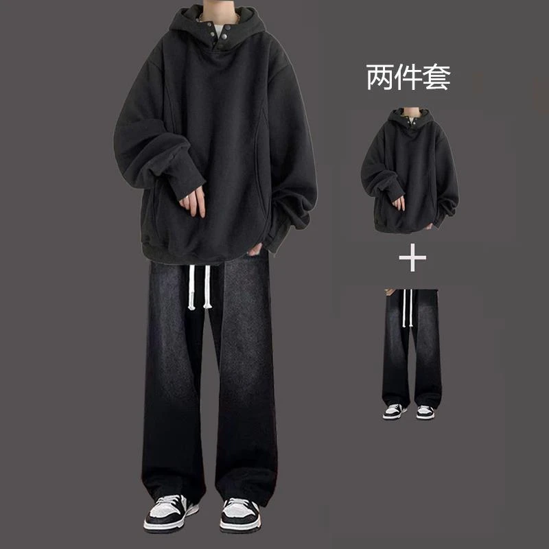 排扣卫衣男套装高街连帽外套工装牛仔法式工装法式工装风格慵懒风