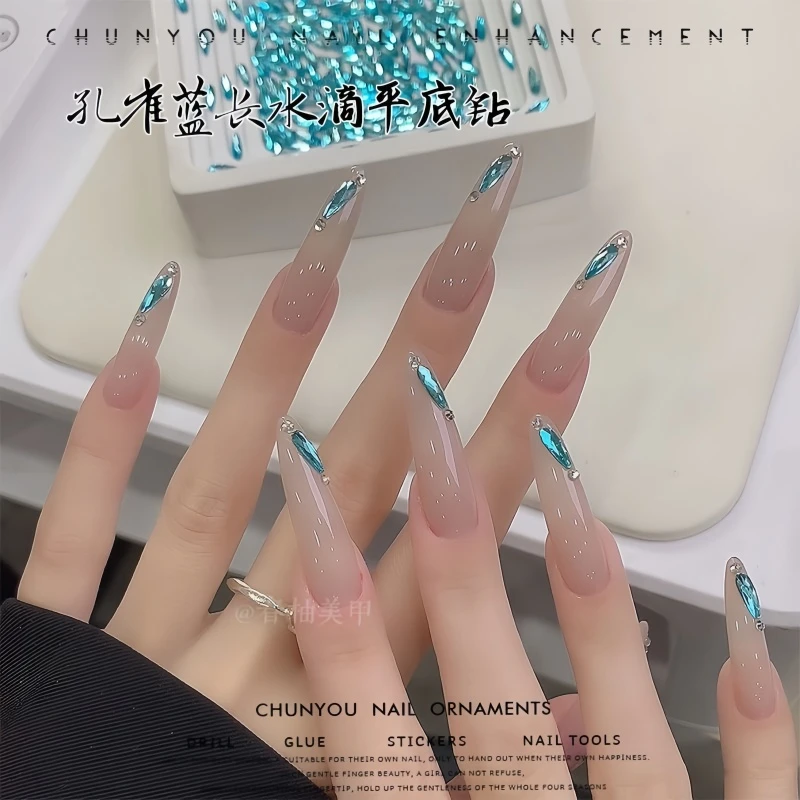 新款小号平底钻2*6长水滴浅湖蓝色细水滴美甲钻显白指甲装饰品