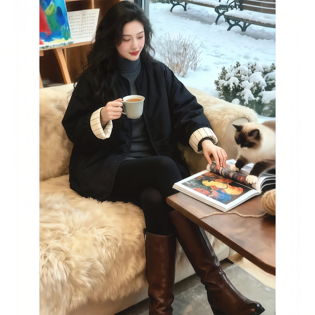 25-35岁气质女装日系慵懒风气质宽松中长款外套时尚棉服女装