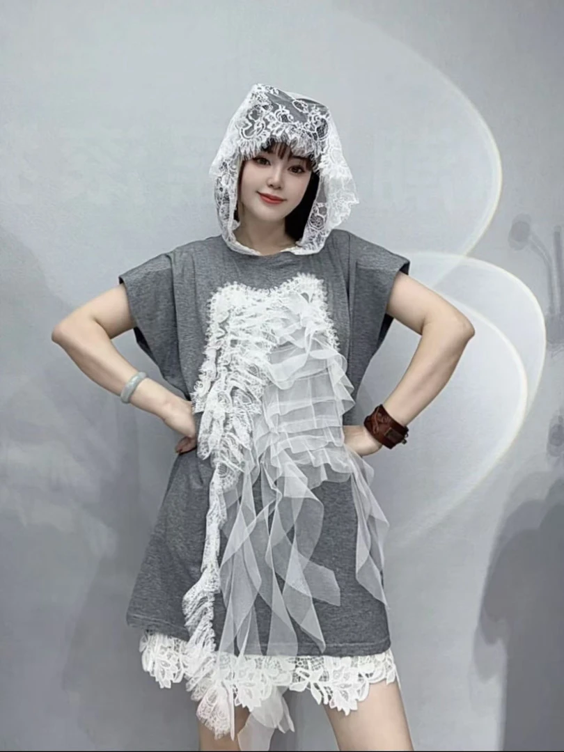 欧货女装2025夏季新款时尚洋气百搭宽松显瘦高级感蕾丝帽拼接T恤