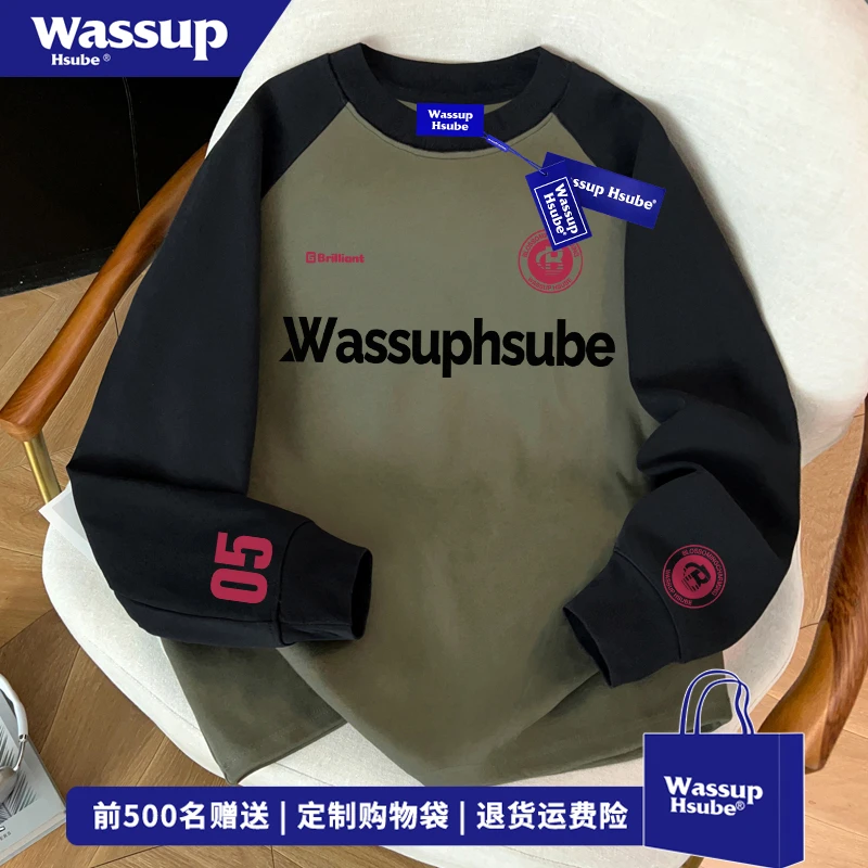 WASSUP HSUBE欧美式原创数字字母印花长袖T恤男秋季拼色插肩上衣