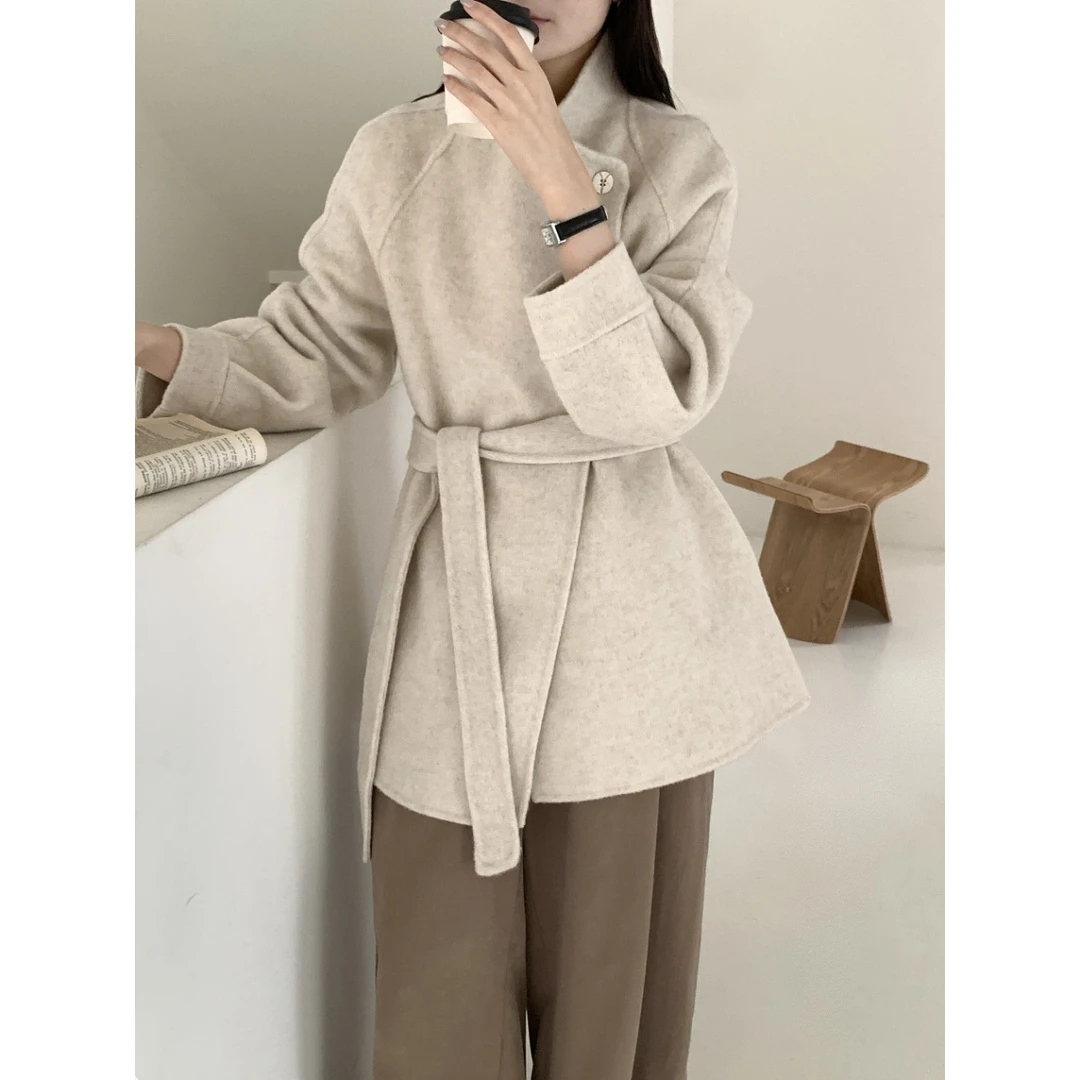 秋冬新款 勤领中款澳洲羊毛双面呢外套 小个子呢大衣女