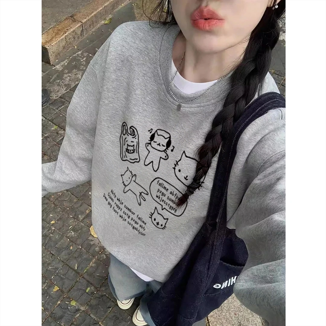 YWBY简约韩版慵懒时尚女装秋冬款加绒保暖卡通猫印花宽松圆领卫衣