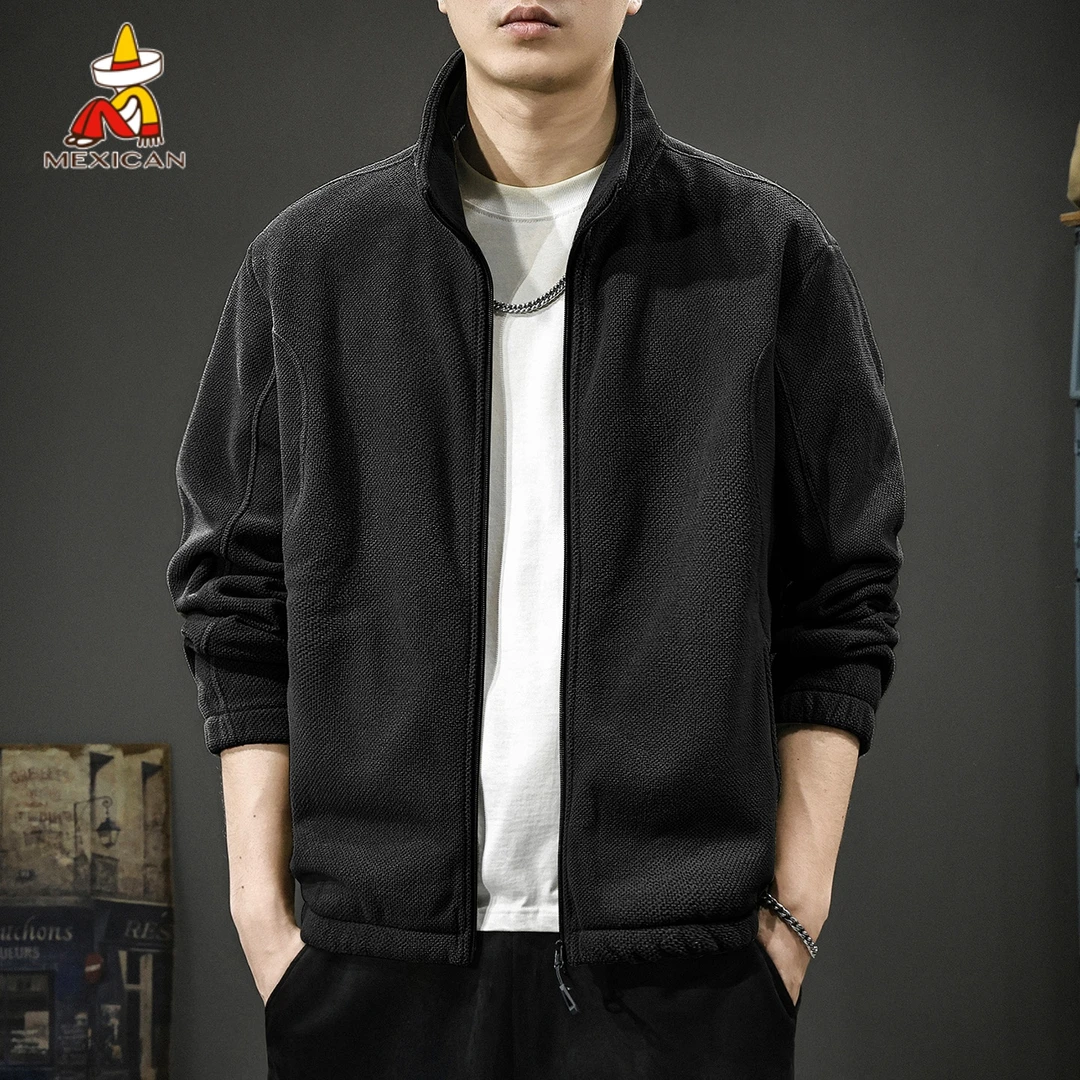 Mexican/稻草人冬季摇粒绒开衫卫衣男款宽松内搭保暖衣立领外套潮