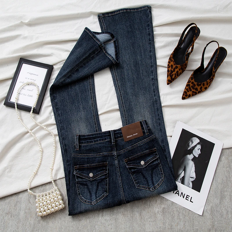 雾霾蓝提臀秋冬新款高腰紧身微喇牛仔裤女长裤百搭喇叭裤九分裤