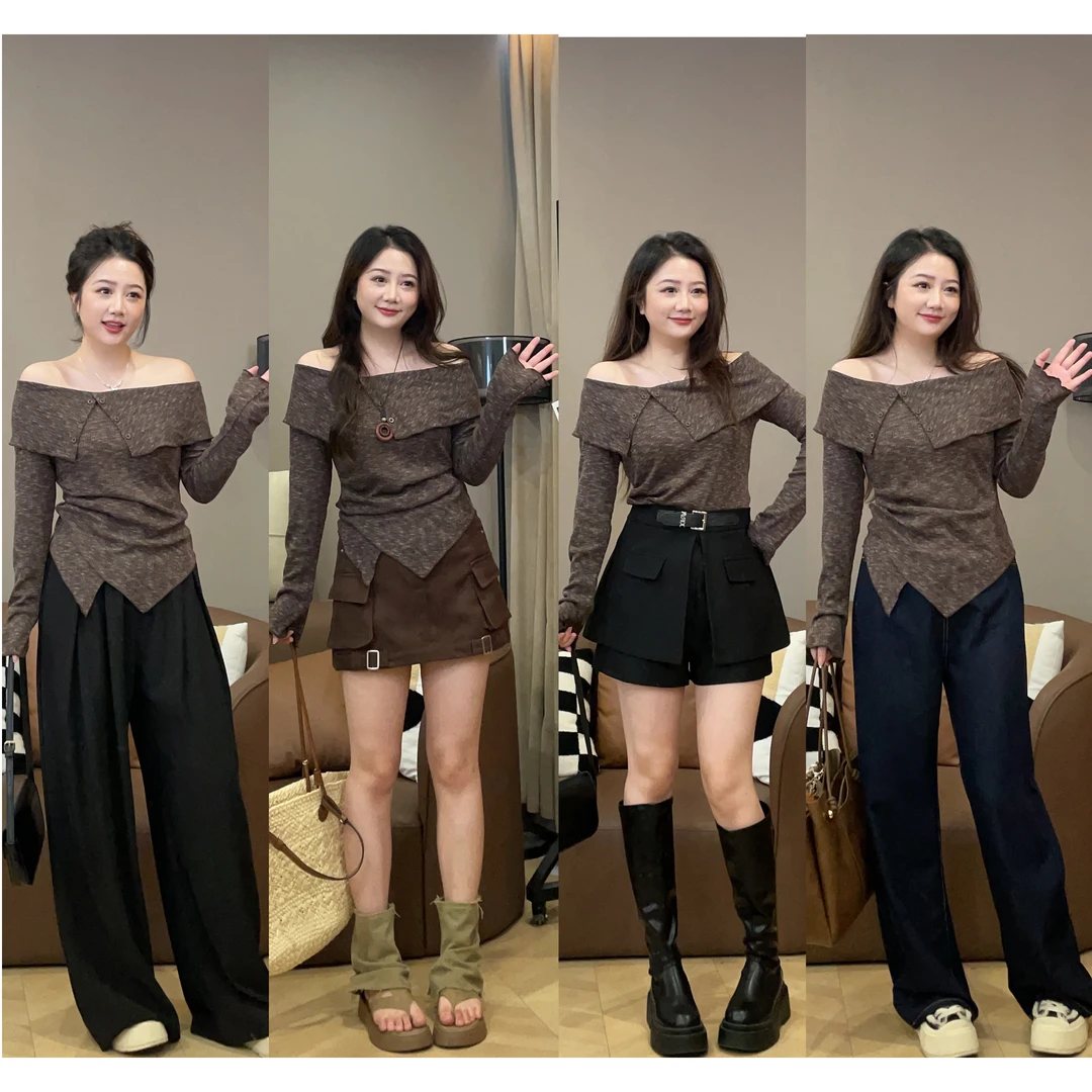 大萌萌设计辣妹不规则一字肩上衣工装裙微胖显瘦美拉德P225Y15575