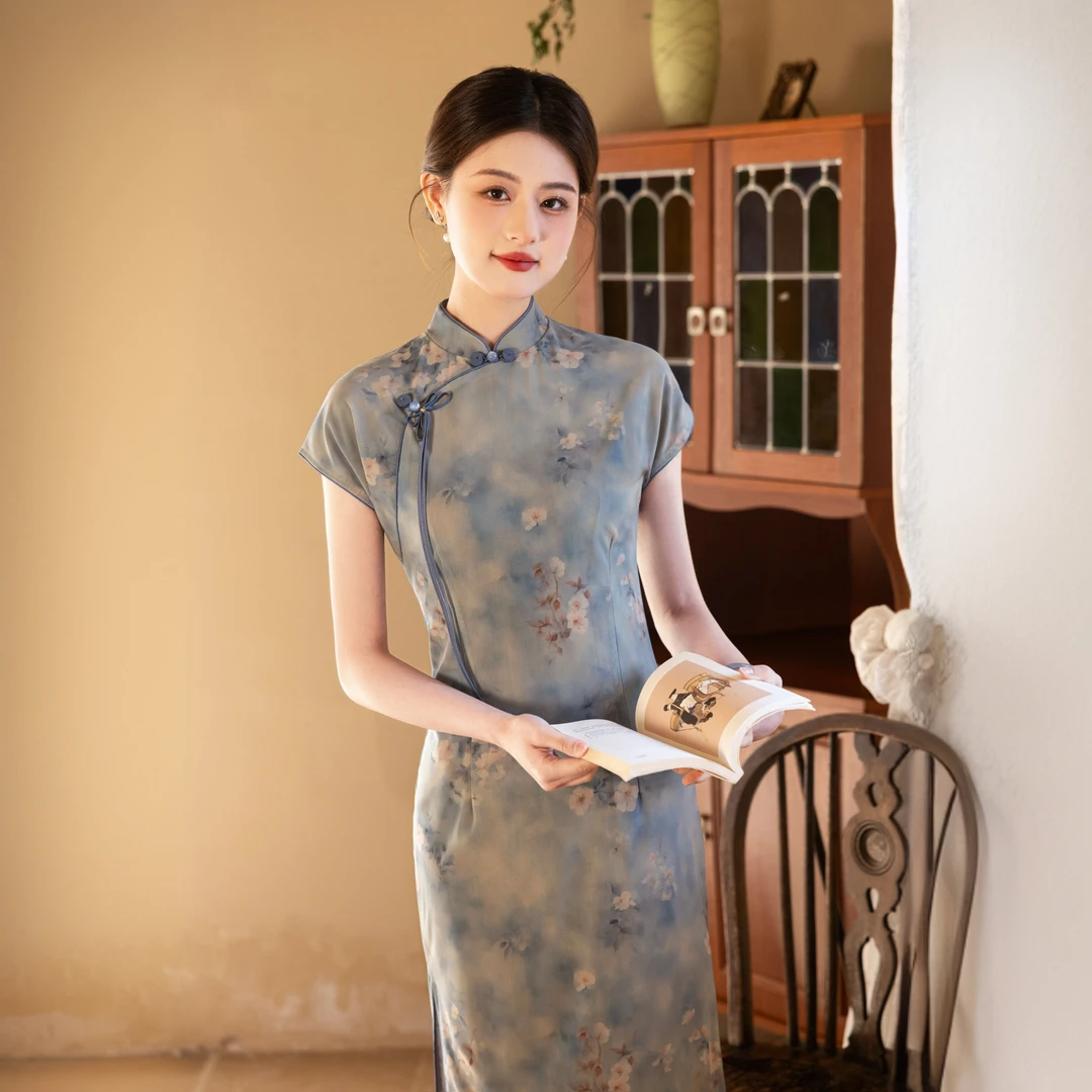 【丹青客】网纱蓝色改良旗袍2025新款夏季改良新中式修身显瘦高级感