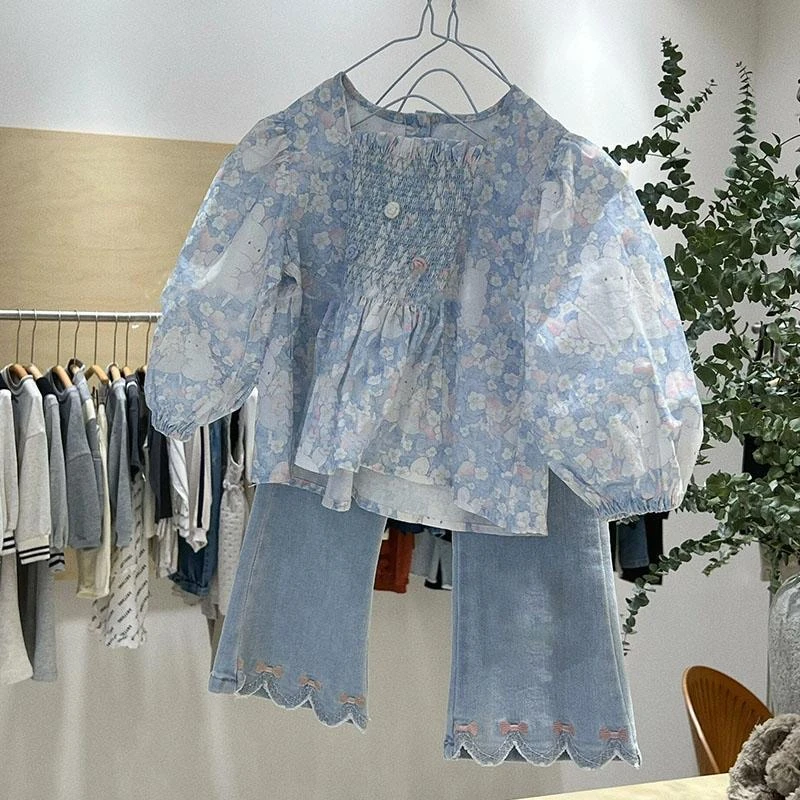 韩国童装女童娃娃衫2025春季女宝宝甜美套装儿童洋气牛仔裤两件套