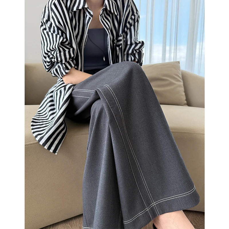 莱赛尔阔腿牛仔裤女2025秋高腰宽松垂感美式灰色直筒裤（含绵羊毛）