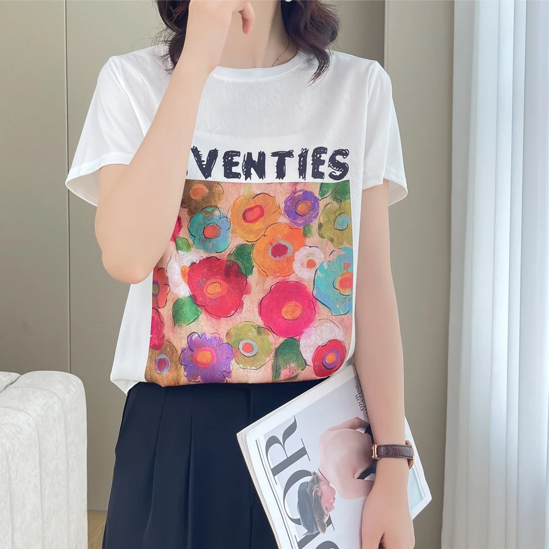 1400夏季丝滑缎面冰凉感女半袖T恤洋气AB拼接短袖