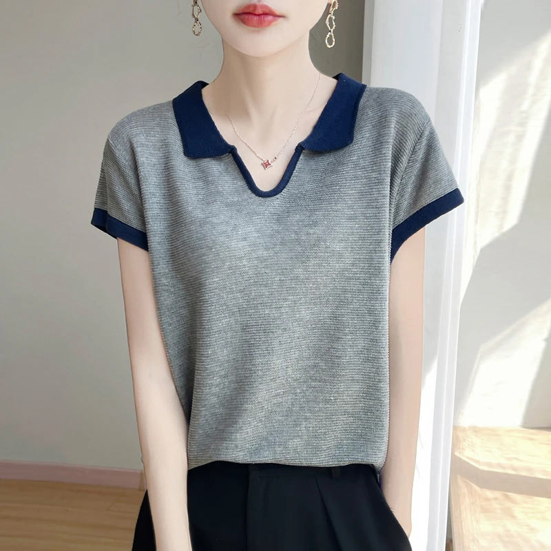 哥弟阿玛施正品夏季新款POLO领拼色针织衫女时尚减龄百搭T恤上衣