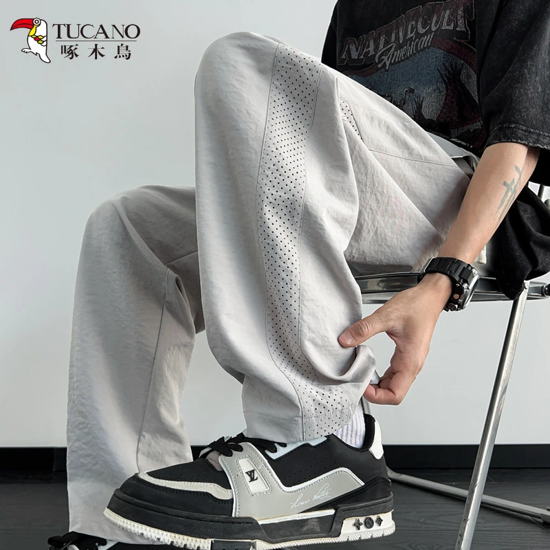 啄木鸟冰丝裤子男士夏季薄款潮流百搭阔腿直筒裤宽松垂感休闲长裤